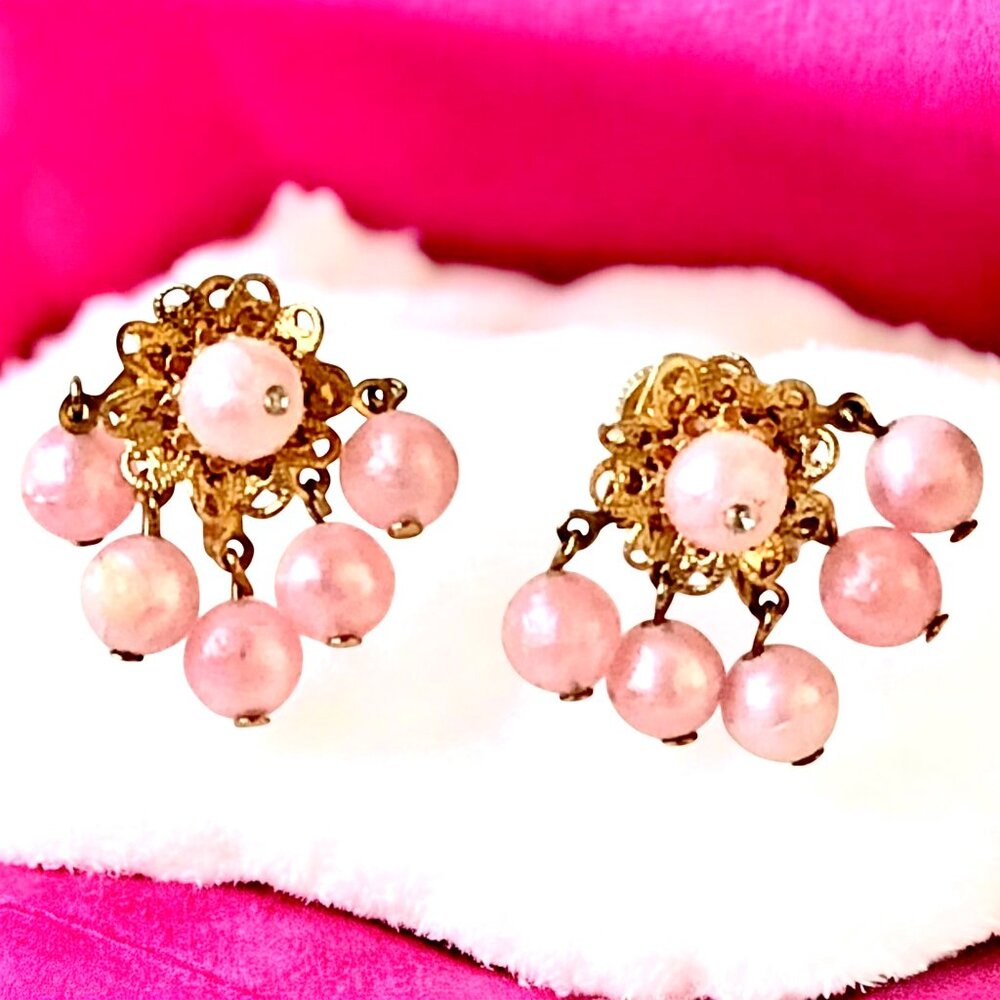 Mid Century Screw Back Earrings Pink Beads Cluster Goldtone Metal Dangling
